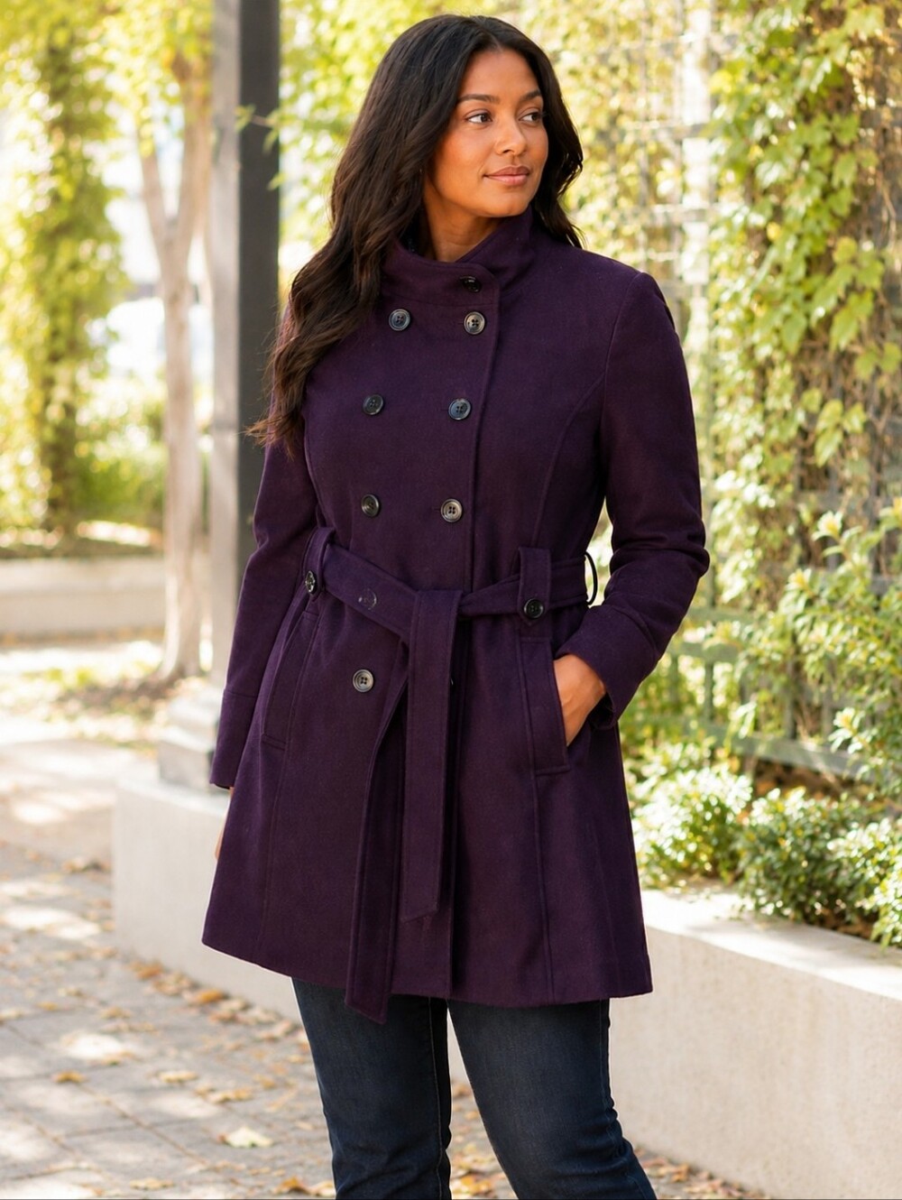 Jones New York Funnel Neck Wool Blend Deep Purple Trench Style Coat Size 10